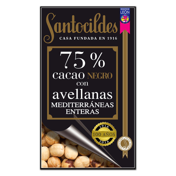 Chocolate Negro 75% Cacao con Avellanas Mediterráneas enteras 200 grs